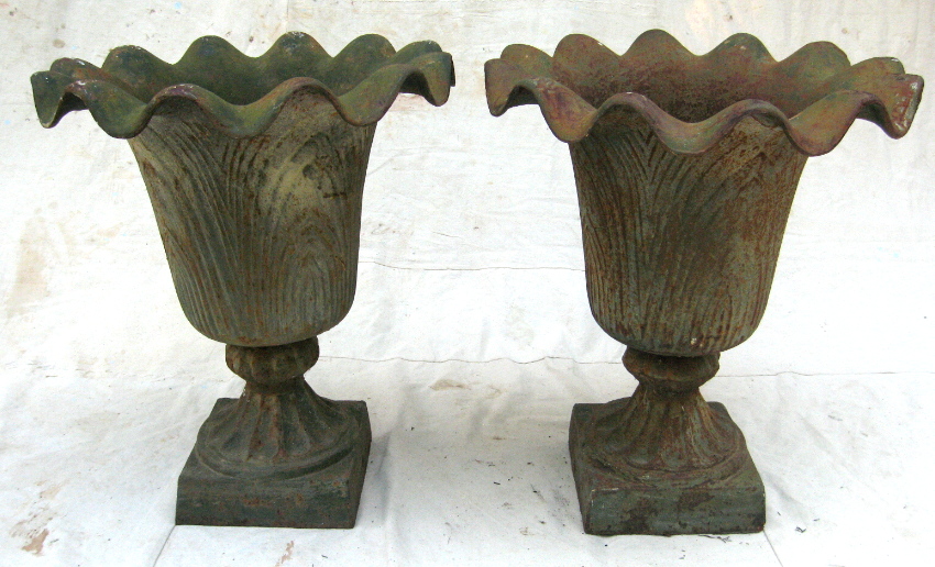 PAIR OLD GREEN PAINTED METAL GARDEN URNS
